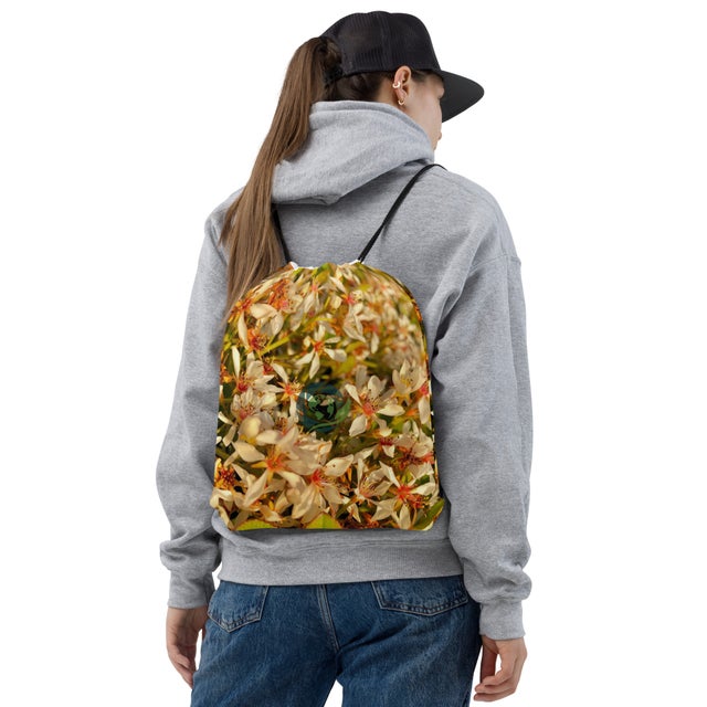 Field of Indian hawthorn Blooms - Drawstring bag